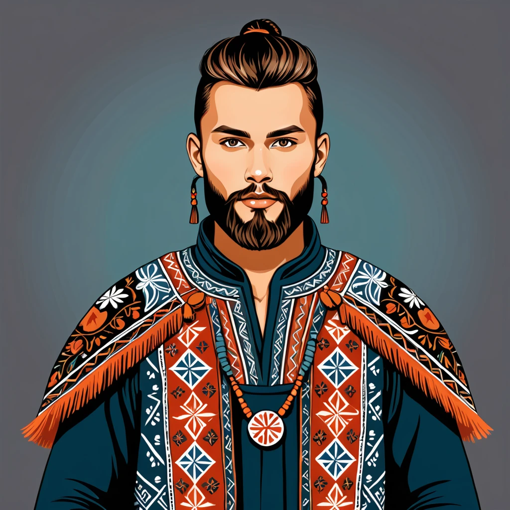 man in folk outfit from an unknown nordic ethnic group, vector graphics, strong contours
