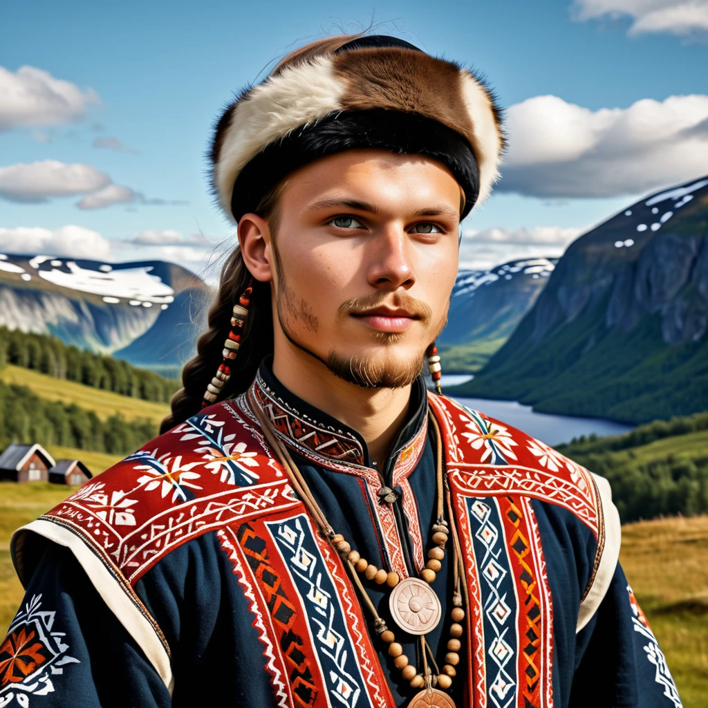 man in folk outfit from an unknown nordic ethnic group, vector graphics, strong contours