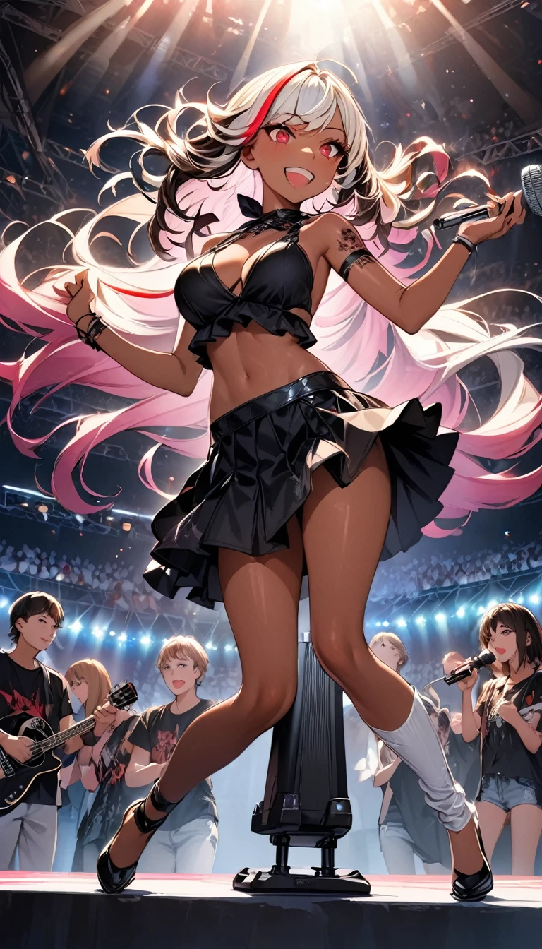 (highest quality:1.2, Very detailed, up to date, Vibrant, Ultra-high resolution, High Contrast, masterpiece:1.2, highest quality, Best aesthetics), Portraiture、girl、singer、stage、performance、Rock Music、Bright colors、Beautiful fine details、Beautiful lip detail、midium wave hair、red and white ((streaked hair:1.6)), highlights hair: 1.5, red eyes, slim body, middium breast, (tan skin:1.1), Music band、powerful pose、Concert Light、Edgy Style、Skirt-style-bikini、loose fit, Dynamic Movement、hypnotic sounds、Stadium、amplifier、Loud music、shouting into the microphone, vocal, jumping:1, left hand up, (right hand holding mike stand:1.5), (Floral Fineline tattoo design on left arm:1), ((mike stand)), Powerful vocals、Passionate performance、Sparkling stage、Concert atmosphere、Music Festival、Full of emotion、Rock star attitude、Resolute expression、Avid Fan、The presence of an attractive stage、 Expressive gestures、Rock star aura、An exciting atmosphere、Sing with all your heart、An unforgettable show, ((full body:1.5)),