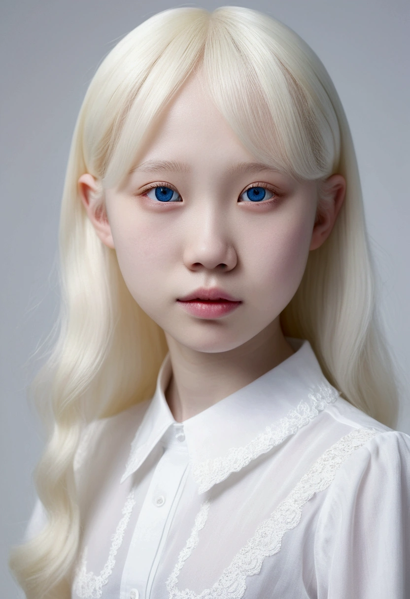 korean, cute, small face, (((White Background:1.3)))、(((1 albino girl、Cute Face、pretty girl))), ************,(((The eyes are white:1.3)))、White Dress、((White shirt:1.3、White Block Dress)), Tyndall effect, Realistic, Shadow Studio,ultramarine、illumination, Dual tone illumination, (Skin with attention to detail: 1.2)、薄Dark illumination、Dark illumination、 photograph, High resolution, 4K, 8k, Background Blur,Beautiful fade out、White world、White Background
