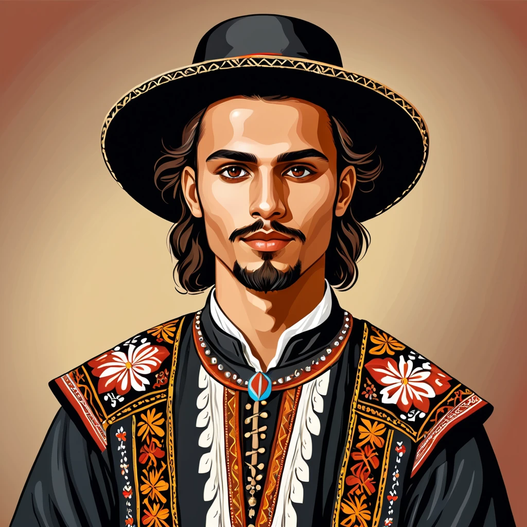 man in folk outfit from an unknown european ethnic group, vector graphics, strong contours