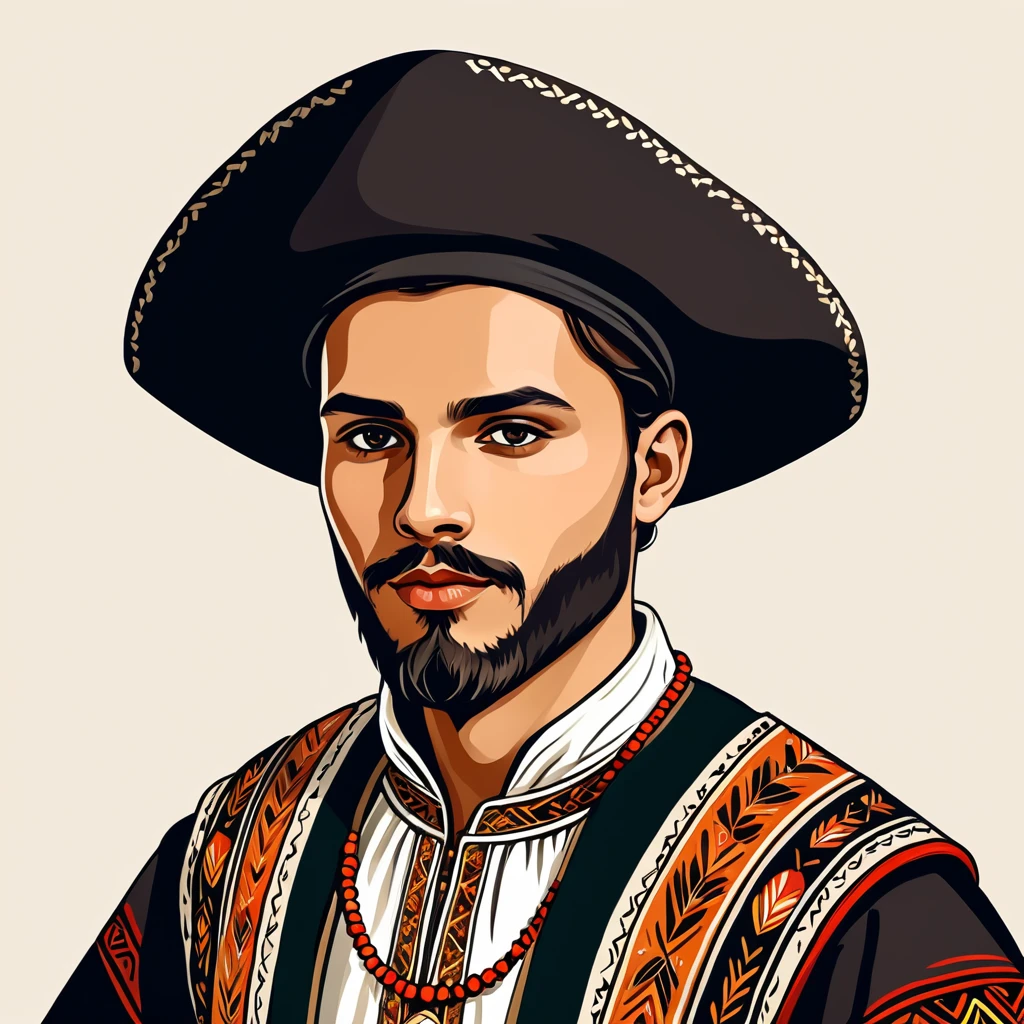 man in folk outfit from an unknown european ethnic group, vector graphics, strong contours