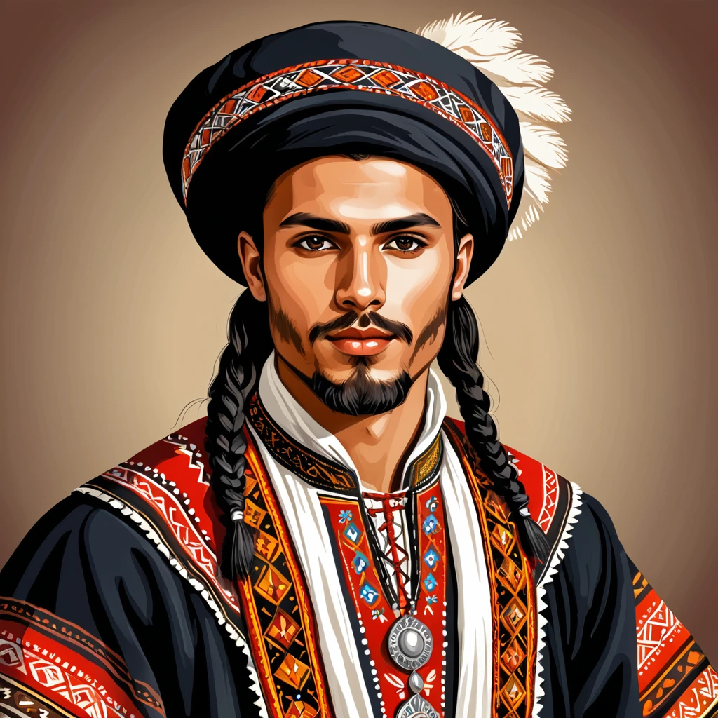 man in folk outfit from an unknown european ethnic group, vector graphics, strong contours