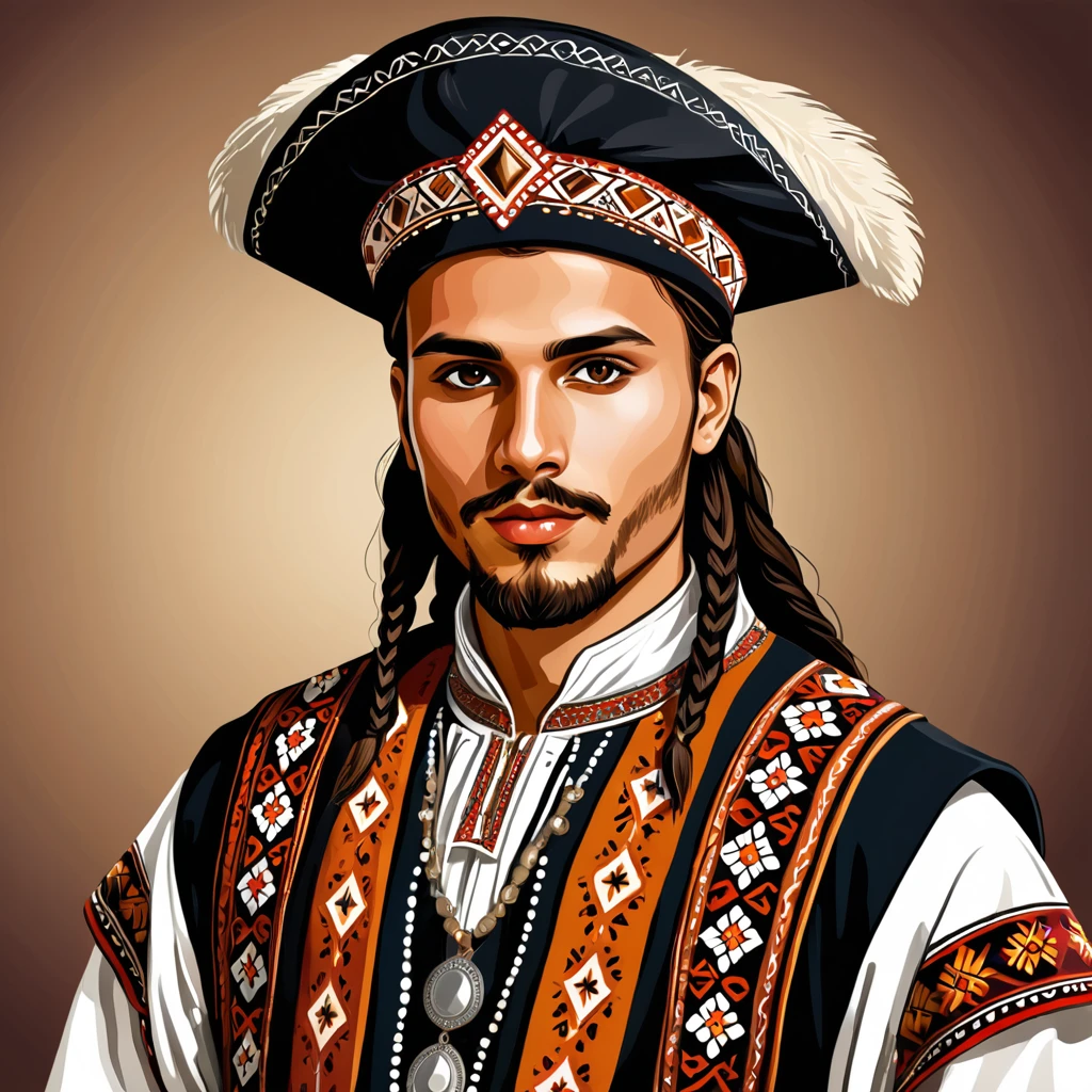 man in folk outfit from an unknown european ethnic group, vector graphics, strong contours
