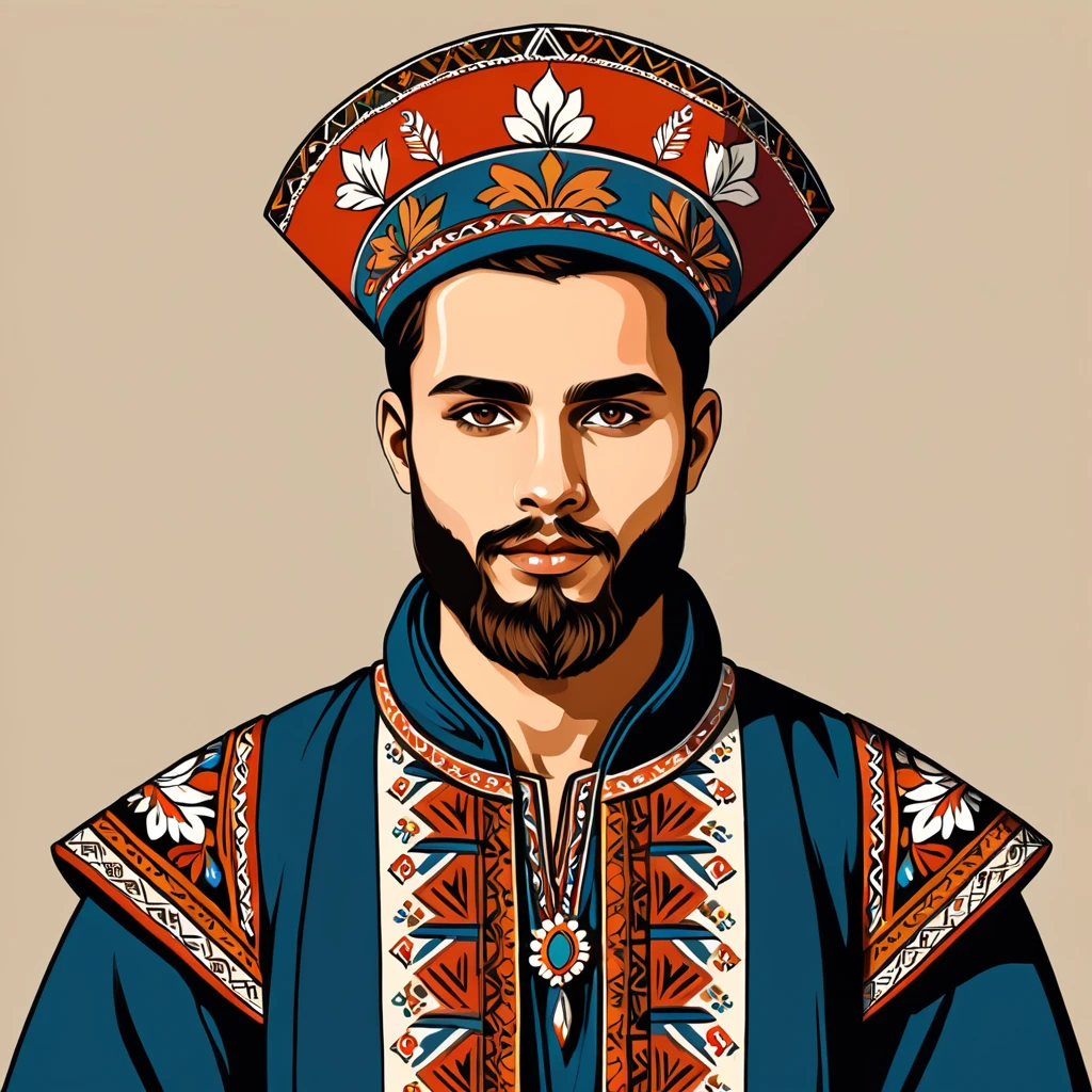 man in folk outfit from an unknown european ethnic group, vector graphics, strong contours