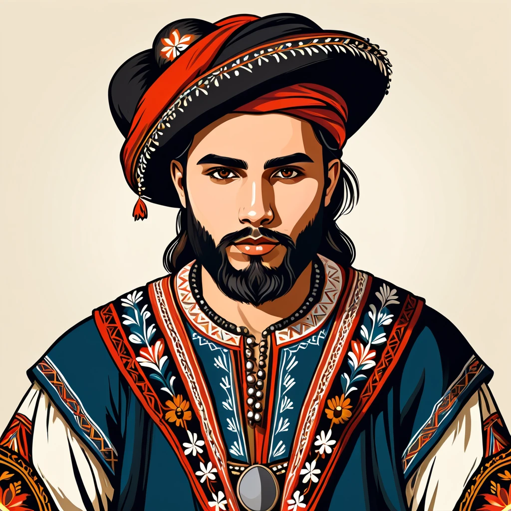 man in folk outfit from an unknown european ethnic group, vector graphics, strong contours