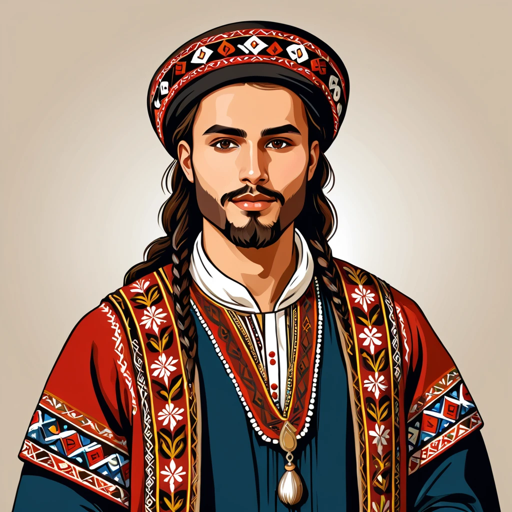 man in folk outfit from an unknown european ethnic group, vector graphics, strong contours