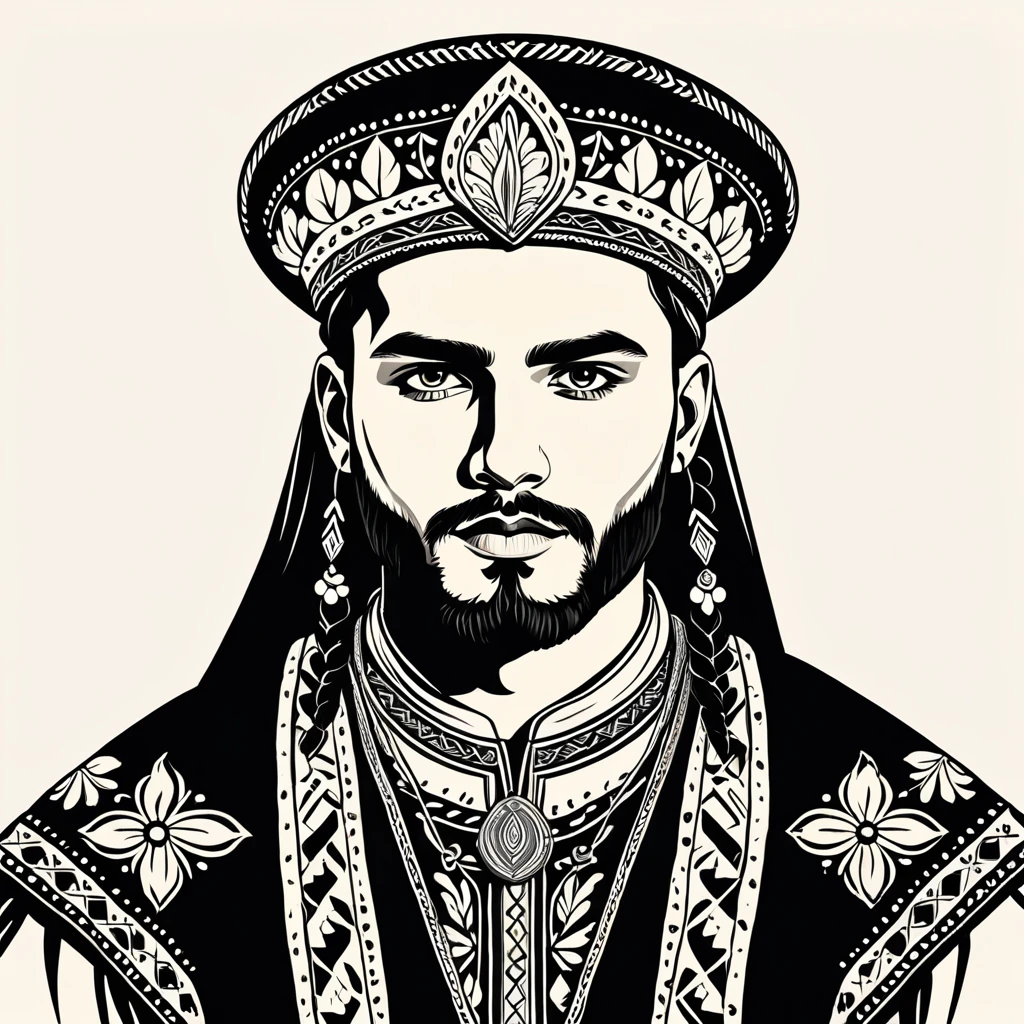 man in folk outfit from an unknown european ethnic group, vector graphics, strong contours
