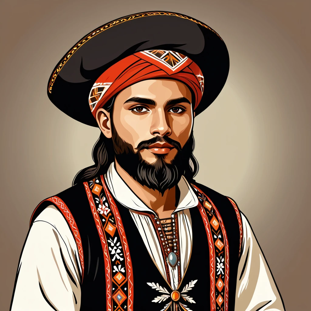 man in folk outfit from an unknown european ethnic group, vector graphics, strong contours