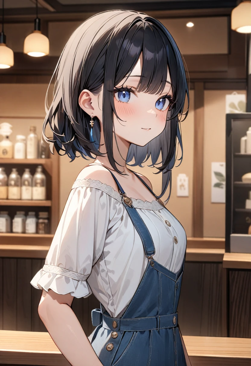 (masterpiece, top quality, very aesthetic, 4k、8ｋ、illustration), intricate detail, 1girl,Standing 、(upper body)、clear face、()、
Cute 、black hair、,middle hair,sidelock ,,blue eye、Casual clothes、small breasts、Slim 、