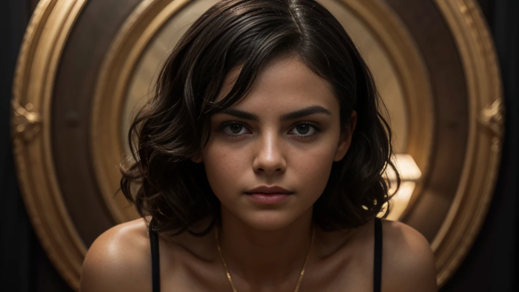 dafne keen, black curly hair, highly detailed, 8k, masterpiece, 1girl, dress, gold jeweler's, perfect body, (perfect_face), standing, ornate, intricate, dramatic lighting, 4k, detailed_background, caustics, full_body, (hyperrealistic:1.3), bloom,(beautiful lighting:1.3), caustics, dynamic lighting, beautiful lighting, closeup face and breast