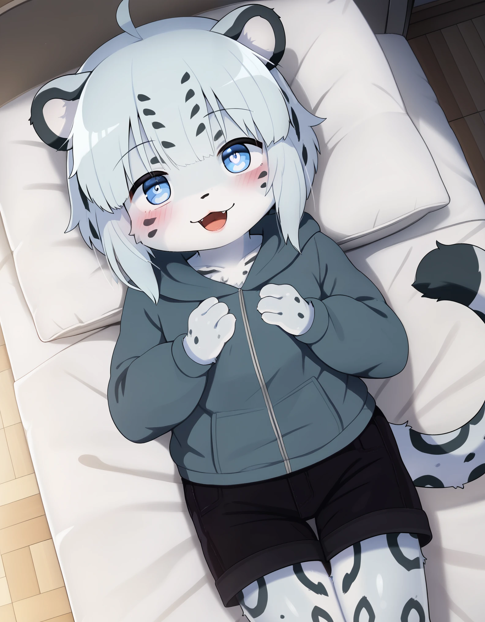 solo, 1girl, female, furry, kemono, anthro, cute face, young, white hair, blue eyes, fluffy body, body fur, short hair, ahoge, bangs, animal ears, tail, leopard ears, leopard tail, detailed eyes, brilliant eyes, 4 fingers, pawpads, perfect anatomy, detailed skin, detailed eyes, detailed lips, perfect hands, perfect face, happy, :D,  BREAK black shorts, short shorts, hoodie, hood, BREAK seated on bed, bed, bedroom, blue room, looking at viewer, indoors, colorful, dutch angle, BREAK ((ultra-detailed)), ((best quality)), ((best quality)), ((beautiful eyes)), ((extremely detailed)), 4K, (8K), best quality, (beautiful), Master piece, highres, score_9, score_8_up, score_7_up, score_6_up, colorful, best quality, official art, highres, masterpiece, nai3, god light, detailed background, high quality background,AddXL,