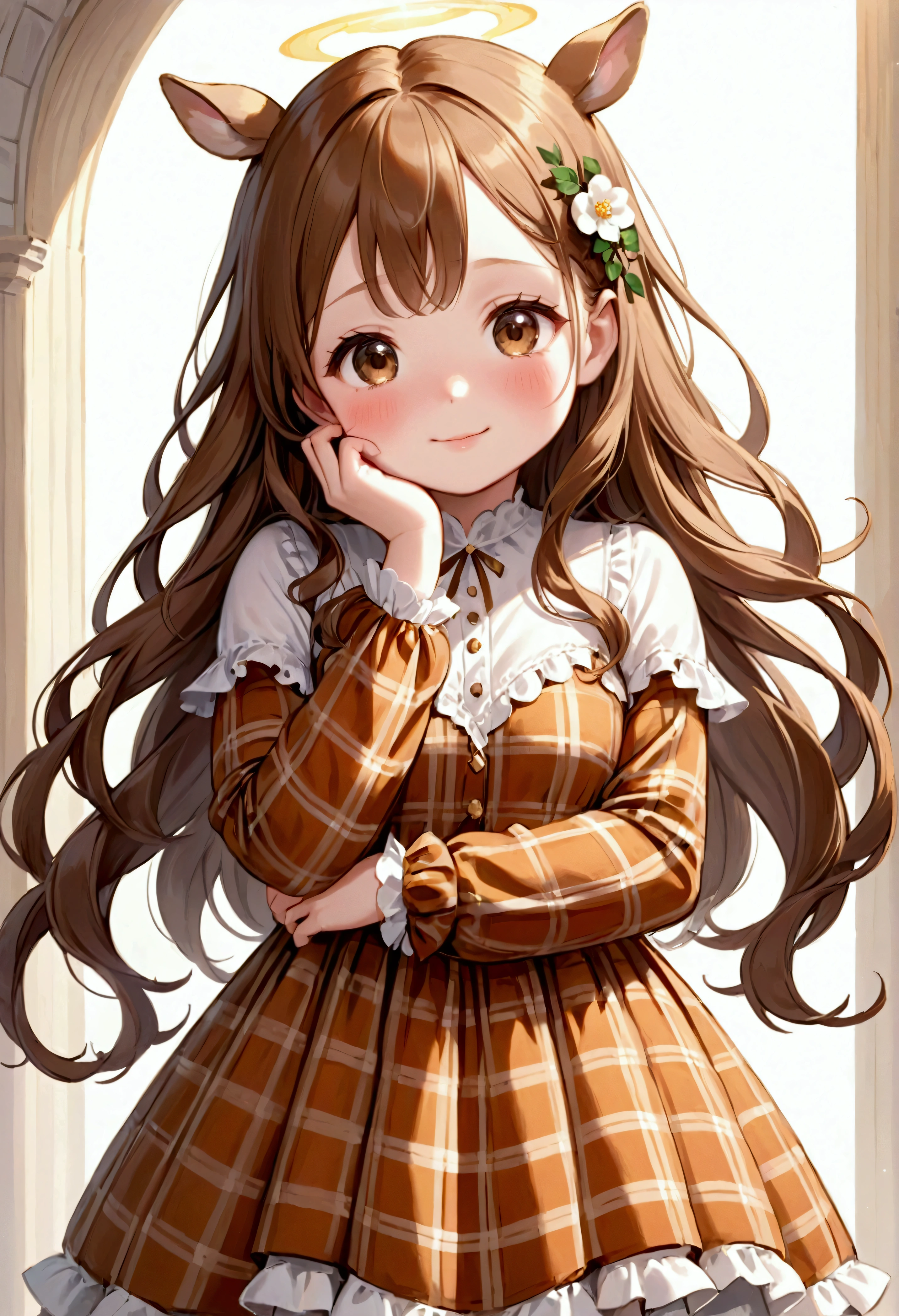 Very beautiful and sweet women, with innocent shy facial expression with sweet smile, long wavy honey brown hair, white skin complexion, brown doe eyes. Very detailed. cute plaid dress, blushing rosy cheeks, , chubby and adorable