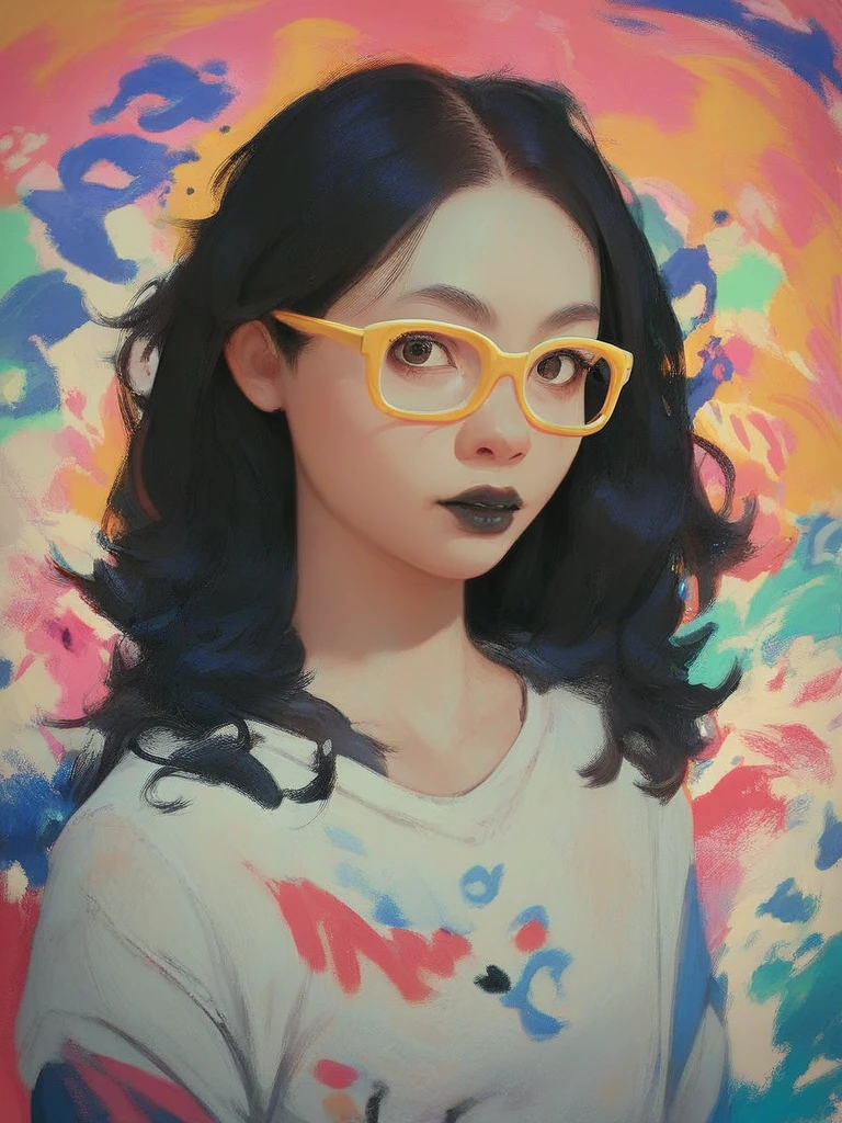 masterpiece, painting, portrait, graffiti style, young adult asian female, black hair, black lips, yellow glasses, abstract background