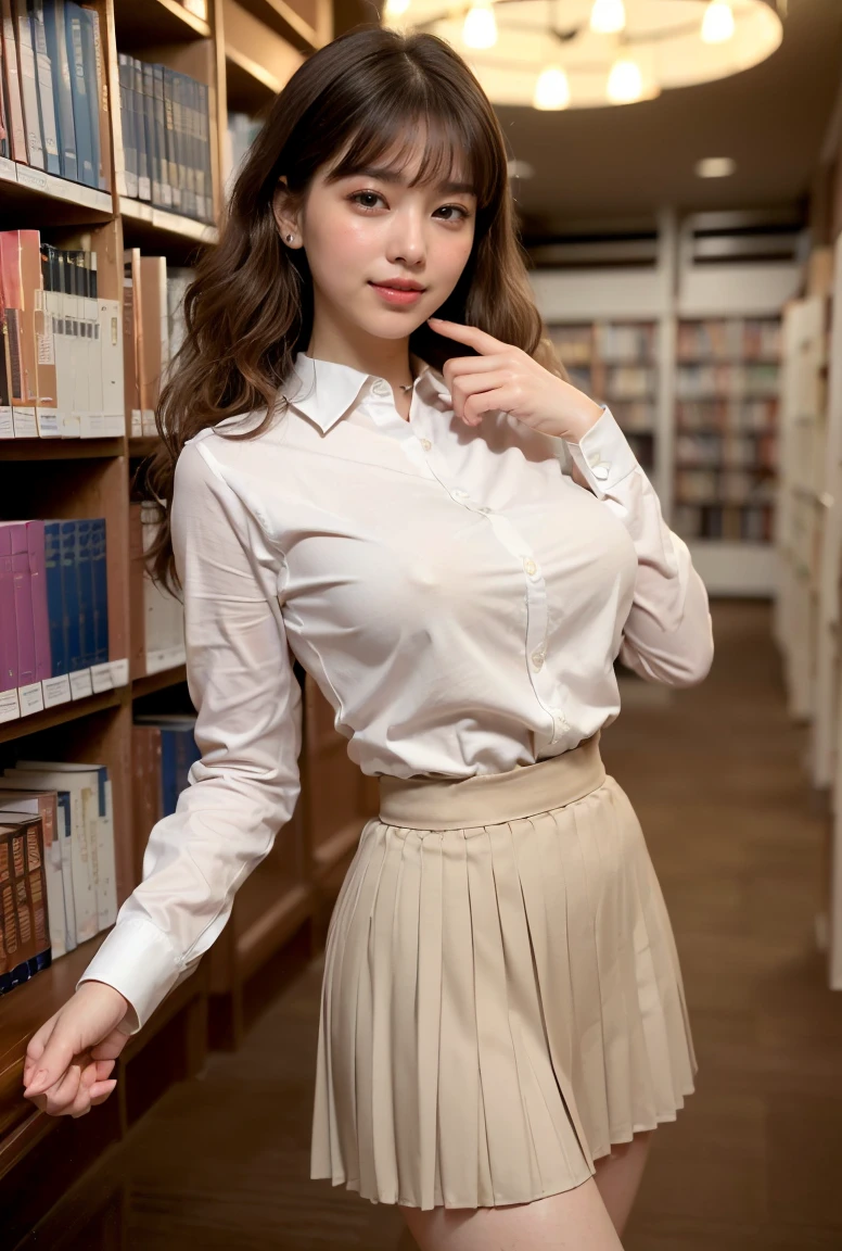 (((neat woman, perverted:1.9,hand on mouth,deep make up:1.8,touch own nipples over clothes:1.9,little pussy juice:1.9))),(((arms on her back,from below,huge breasts:1.8,kind big smile:1.8,blush:1.8,deep cheek:1.8))),please touch me,eat me,tempting viewer,i want you))),(((blush,blush,deep cheek,deep cheek)))),(cinematic lighting), (Photo real:1.4)、(A hyper-realistic:1.4)、(Photorealistic:1.3)、 (gentle lighting: 1.05)、(Improve the lighting quality of your video:0.9)、 32k、25years old woman、photorealistic lighting、Back lighting、Facial Lights、Ray Trace、(bright:1.2)、(Increase quality:1.4)、 (best quality real texture skin)、Fair eyes,delicate face、 Close-up of the face, ((((Wearing the tight white cotton collared-shirts,pleated beige skirt,high-heel:1.4))),(Bodyline mood improvement:1.1)、Glossy skin、good figure,perfect anatomy,Beautiful actress,(((beautiful huge soft breasts:1.8,huge breasts,slender waist,slender hip,long slender legs,8heads tall))),(((8heads tall))),(((brown wavy midium hair,bangs))),(((sweat skin,shiny skin,in the beautiful library,super clean night view,in the night))),