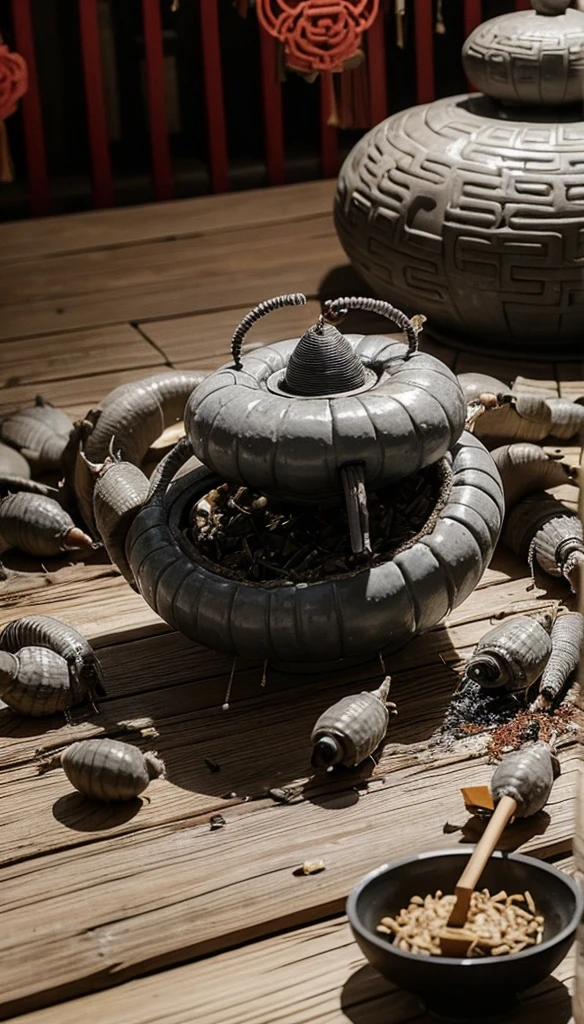 Giant gray maggots,The body is covered with burning incense,Chinese elements,Chinese horror。