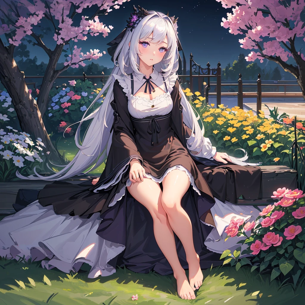 (best quality,4K,8K,high resolution,masterpiece:1.2),Extremely detailed,(Practical,photoPractical,photo-Practical:1.37),illustration,Soft lighting,White hair girl,Deep purple eyes,Glowing eyes,sit down,barefoot,blush,In the garden at night,Flowers.