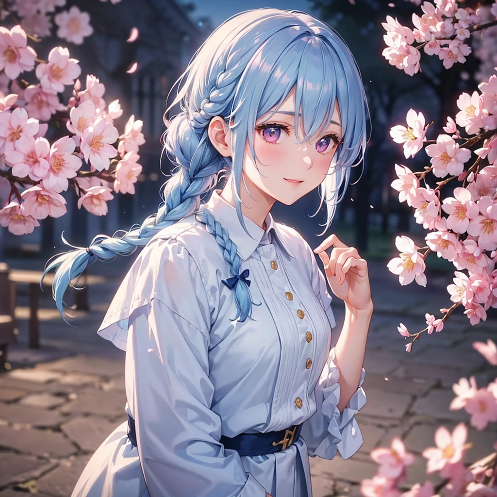 (Light blue medium hair),(Braided hair tied together)、Pink eyes、Fair skin、(whole body)、(uniform)、Cherry Blossoms at Night、A big smile、A dignified figure、solo、(masterpiece、Highest quality、Very detailed、Best Shadow)、(Detailed Background)、(Beautifully detailed face)、High contrast、(Best lighting、Very delicate and beautiful)、((Cinematic Light))、colorful、Hyper Detail、Dramatic Light、Exquisite detail、