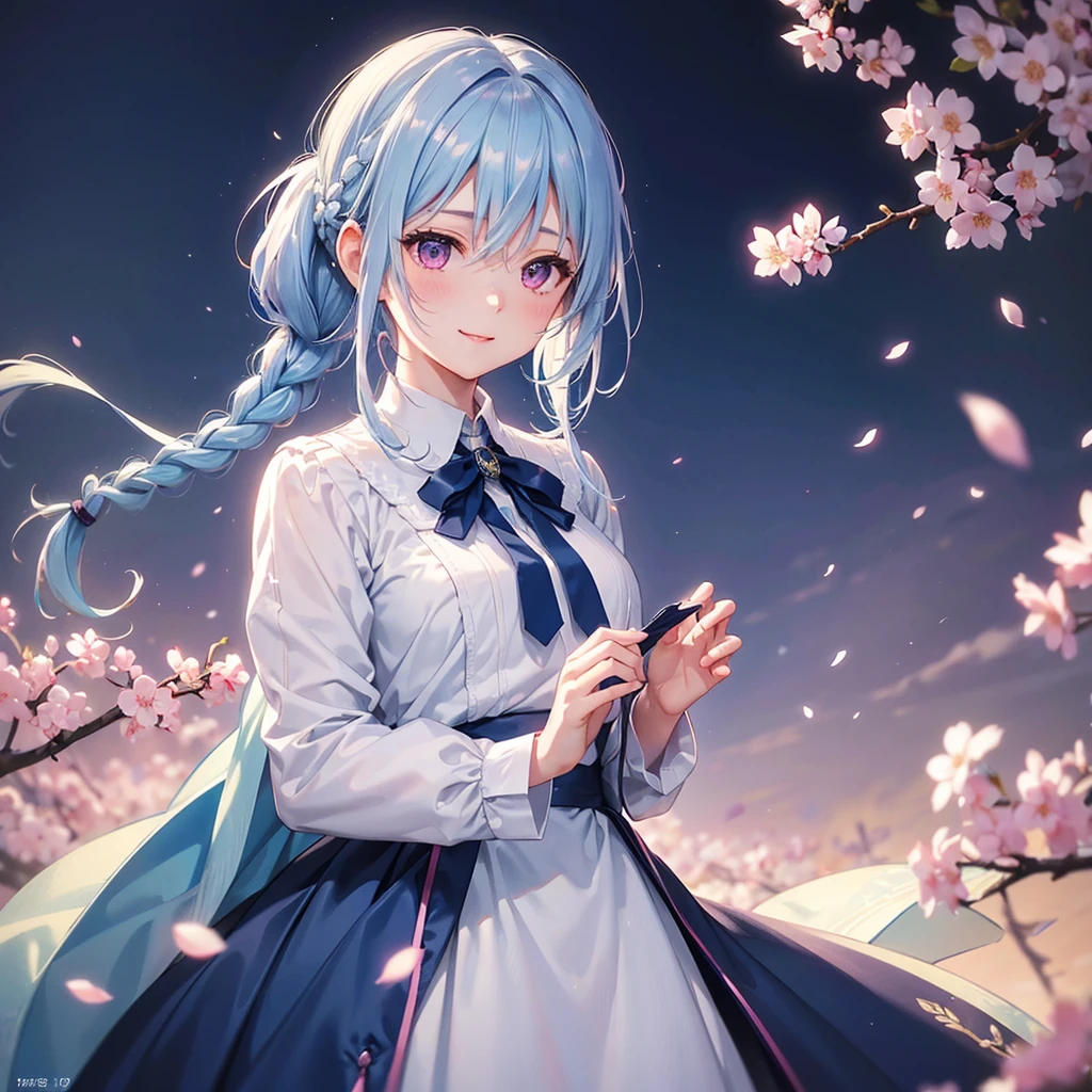 (Light blue medium hair),(Braided hair tied together)、Pink eyes、Fair skin、(whole body)、(uniform)、Cherry Blossoms at Night、A big smile、A dignified figure、solo、(masterpiece、Highest quality、Very detailed、Best Shadow)、(Detailed Background)、(Beautifully detailed face)、High contrast、(Best lighting、Very delicate and beautiful)、((Cinematic Light))、colorful、Hyper Detail、Dramatic Light、Exquisite detail、