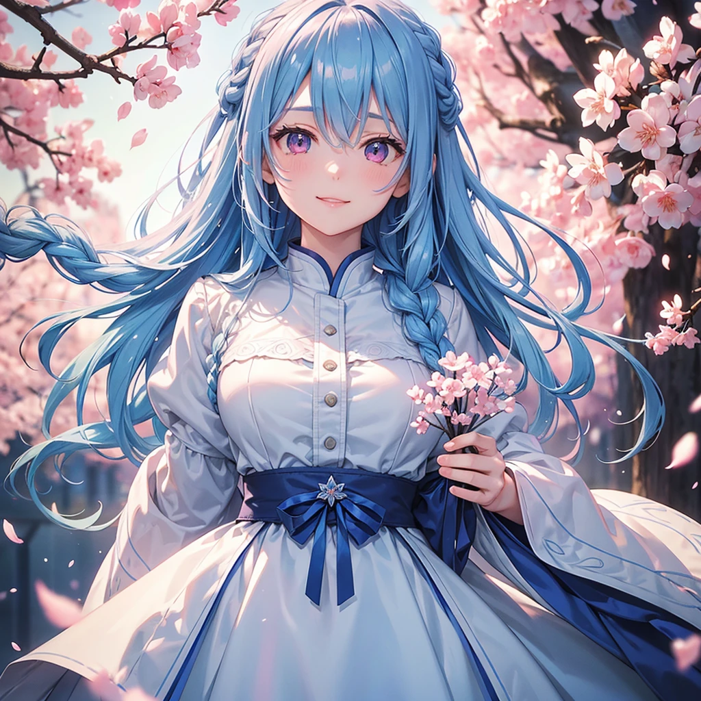 (Light blue medium hair),(Braided hair tied together)、Pink eyes、Fair skin、(whole body)、(uniform)、Cherry Blossoms at Night、A big smile、A dignified figure、solo、(masterpiece、Highest quality、Very detailed、Best Shadow)、(Detailed Background)、(Beautifully detailed face)、High contrast、(Best lighting、Very delicate and beautiful)、((Cinematic Light))、colorful、Hyper Detail、Dramatic Light、Exquisite detail、