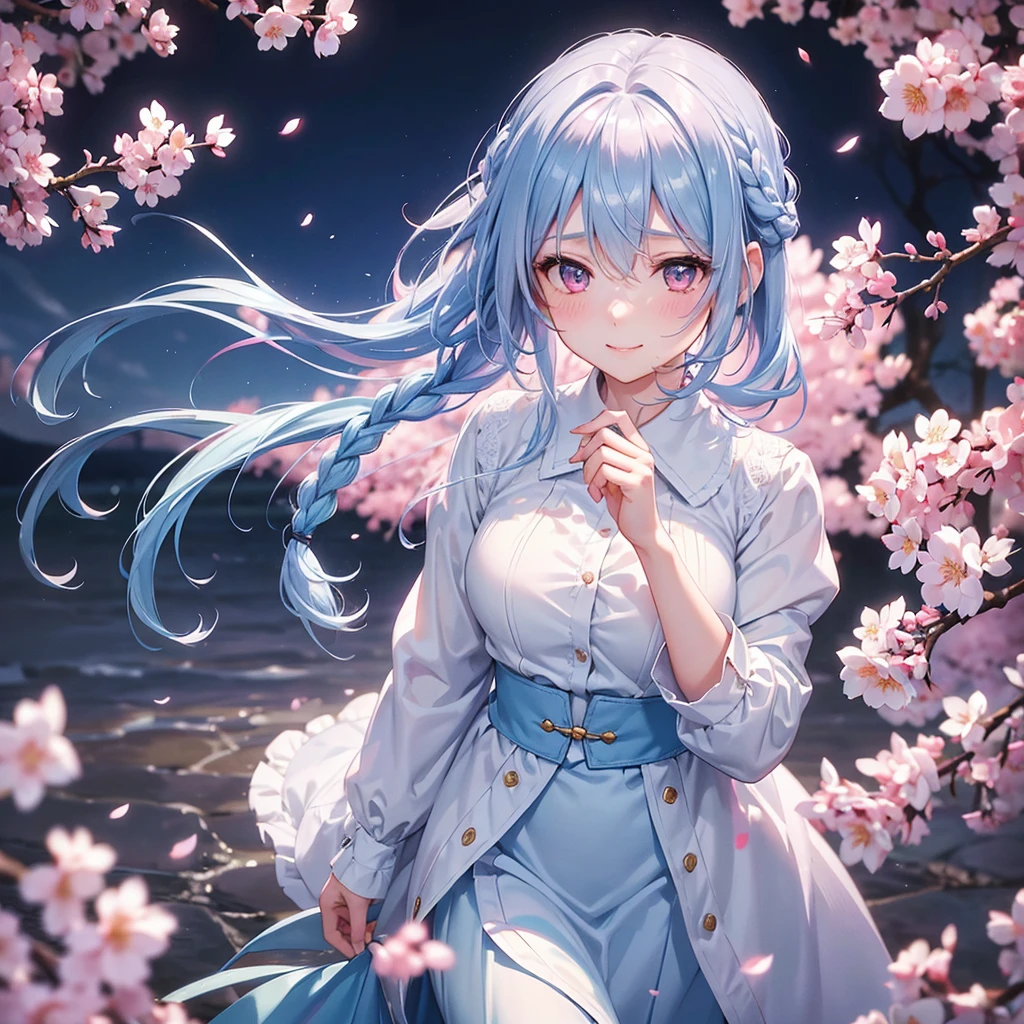 (Light blue medium hair),(Braided hair tied together)、Pink eyes、Fair skin、(whole body)、(uniform)、Cherry Blossoms at Night、A big smile、A dignified figure、solo、(masterpiece、Highest quality、Very detailed、Best Shadow)、(Detailed Background)、(Beautifully detailed face)、High contrast、(Best lighting、Very delicate and beautiful)、((Cinematic Light))、colorful、Hyper Detail、Dramatic Light、Exquisite detail、