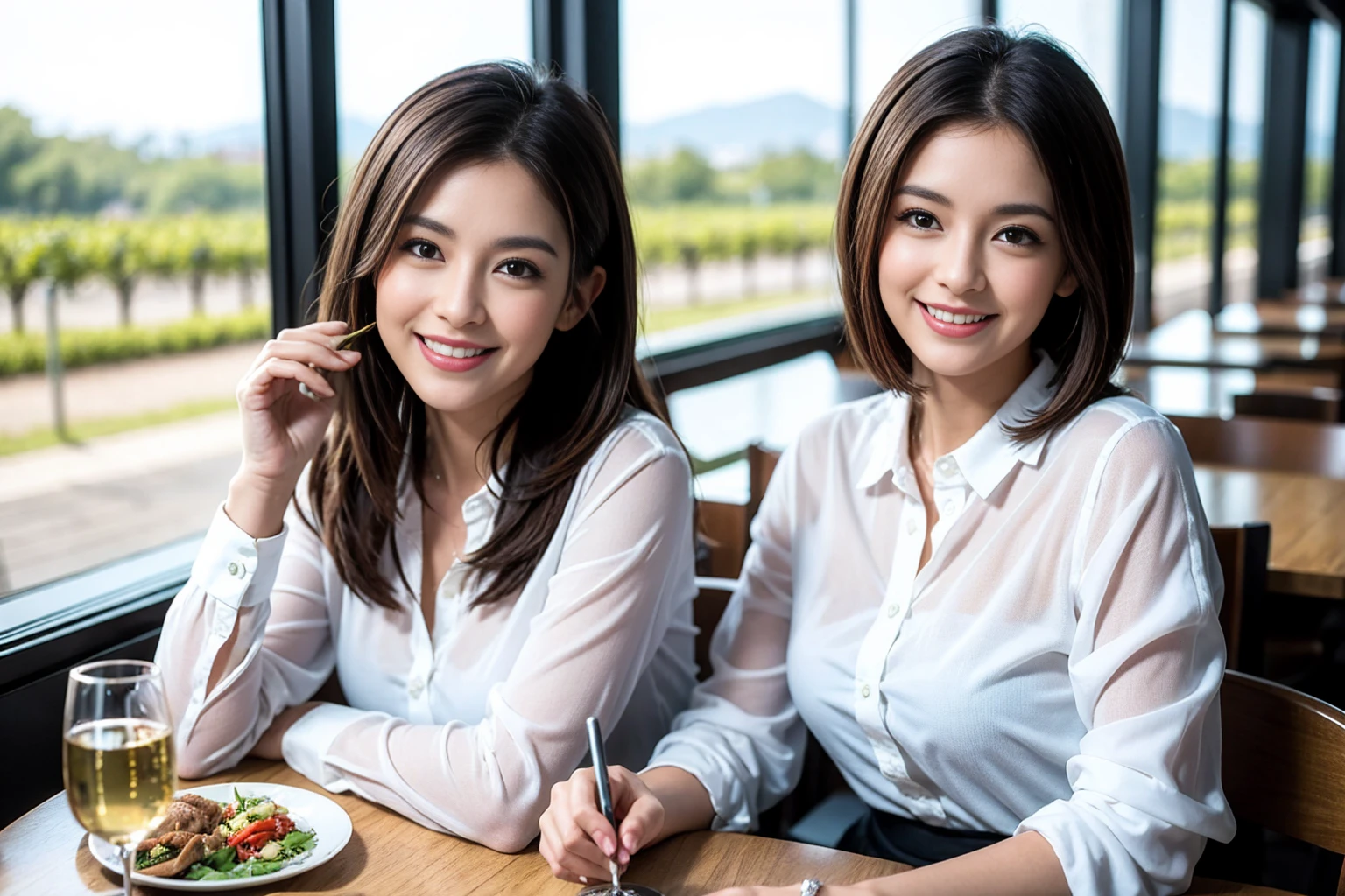 ((Highest quality、8k、masterpiece:1.3))、Shortcuts、cute、slimカップル、modelカップル、actress男優、(Realistic, Intricate details:1.2), full-course dinner、wine 、Amazing view of the sunset sky and clouds、A bright smile、short hair,Bright Face、 (45 years old), 42 years old, 赤wine 、Appetizers、Italian food、wine bottle、Champagne、スパークリングwine、Two beauties、Brown Hair、Shortcuts、Long sleeve shirt、dress、Beautiful woman 1, (slimな顔), (The body is slim), (Brown Hair), (Shortcuts), cheeks turn a little red,Attractive beauty、restaurant, In a prominent place (From the waist up) Nova Frog Style, actress, model, Upper Body, 白wine, slim, wineグラス, 中央に置かれたwineグラス, smile, (smile: 1.15), Beautiful fine grain, Depth f/2,saturation, High Contrast, Strong light and shadow,Moist Body:1.5、3D texture、Delicate eyes、Brown Hair、The hair is very shiny、