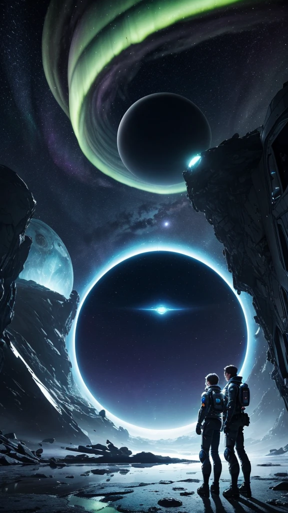 

Title: "Cosmic Encounter Where a boy and girl using weapons "

Scene: A futuristic landscape set on Jupiter's moon, Europa. A boy and a girl, both wearing advanced exosuits, stand at the edge of a glowing, iridescent portal. The portal pulsates with an otherworldly energy, illuminating the surrounding ice terrain.

In the background, the massive planet Jupiter looms large, its swirling storm clouds and vibrant aurora displays lighting up the dark sky.

To the left, a sleek, silver UFO descends from the clouds, its hull etched with strange, alien symbols. A being with elongated limbs and large, black eyes emerges from the ship, its gaze fixed on the portal.

The boy and girl hold futuristic weapons, their eyes locked on the alien visitor. The weapons' screens display holographic data streams, indicating advanced AI technology at work.

Color Palette:

- Soft blues and whites for the icy terrain
- Vibrant oranges and purples for Jupiter's atmosphere
- Metallic silvers and blacks for the UFO and weapons
- Glowing iridescent hues for the portal

Atmosphere:

- An air of tension and wonder as the characters confront the unknown
- A sense of advanced technology and futuristic exploration
- A hint of mystery surrounding the portal and the alien's intentions

Task: Capture the Boy and girl's face looking at each othes face while holding weapons in their hands and cosmic encounter, where humanity's future meets the unknown.