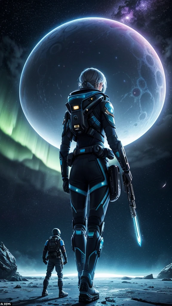 Title: "Cosmic Encounter Where a boy and girl using weapons "
Scene: A futuristic landscape set on Jupiter's moon, Europa. A boy and a girl, both wearing advanced exosuits, stand at the edge of a glowing, iridescent portal. The portal pulsates with an otherworldly energy, illuminating the surrounding ice terrain.
In the background, the massive planet Jupiter looms large, its swirling storm clouds and vibrant aurora displays lighting up the dark sky.
To the left, a sleek, silver UFO descends from the clouds, its hull etched with strange, alien symbols. A being with elongated limbs and large, black eyes emerges from the ship, its gaze fixed on the portal.
The boy and girl hold futuristic weapons, their eyes locked on the alien visitor. The weapons' screens display holographic data streams, indicating advanced AI technology at work.
Color Palette:
- Soft blues and whites for the icy terrain
- Vibrant oranges and purples for Jupiter's atmosphere
- Metallic silvers and blacks for the UFO and weapons
- Glowing iridescent hues for the portal
Atmosphere:
- An air of tension and wonder as the characters confront the unknown
- A sense of advanced technology and futuristic exploration
- A hint of mystery surrounding the portal and the alien's intentions
Task: Capture the Boy and girl's face looking at each othes face while holding weapons in their hands and cosmic encounter, where humanity's future meets the unknown.
