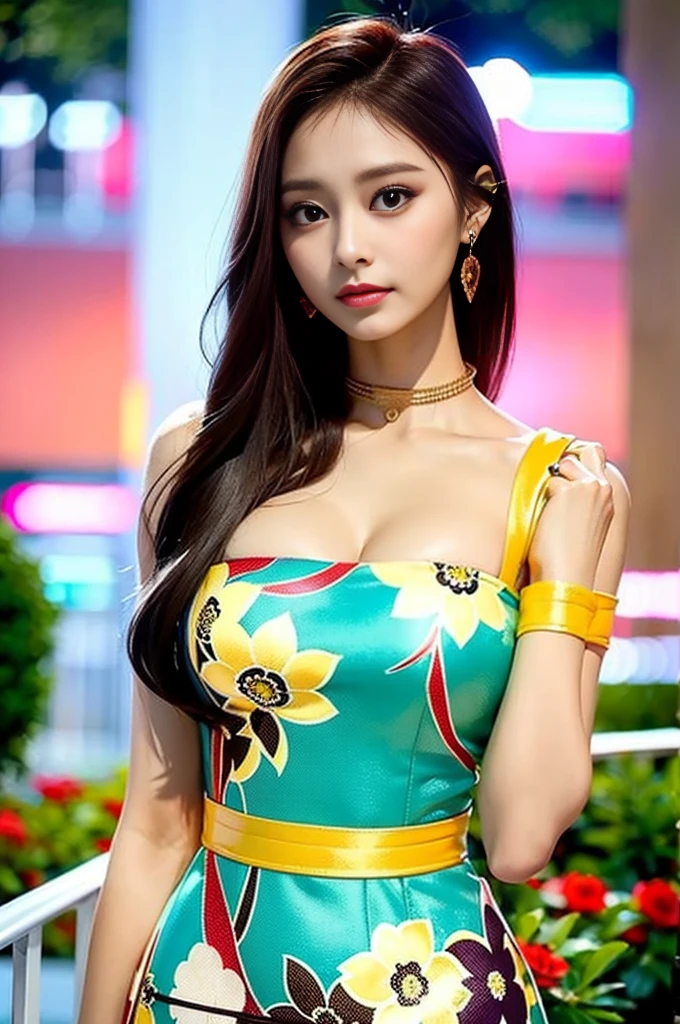 Tzuyu 1, woman, (Realistic), (Hyperrealism), (photoRealistic), Written boundary depth, eye make up:0.7 (whole body:1.8), (Large Bust),(Tight waist), Observe the audience,At the flower garden, Fashion Model, A sexy dress with open shoulders and neckline
