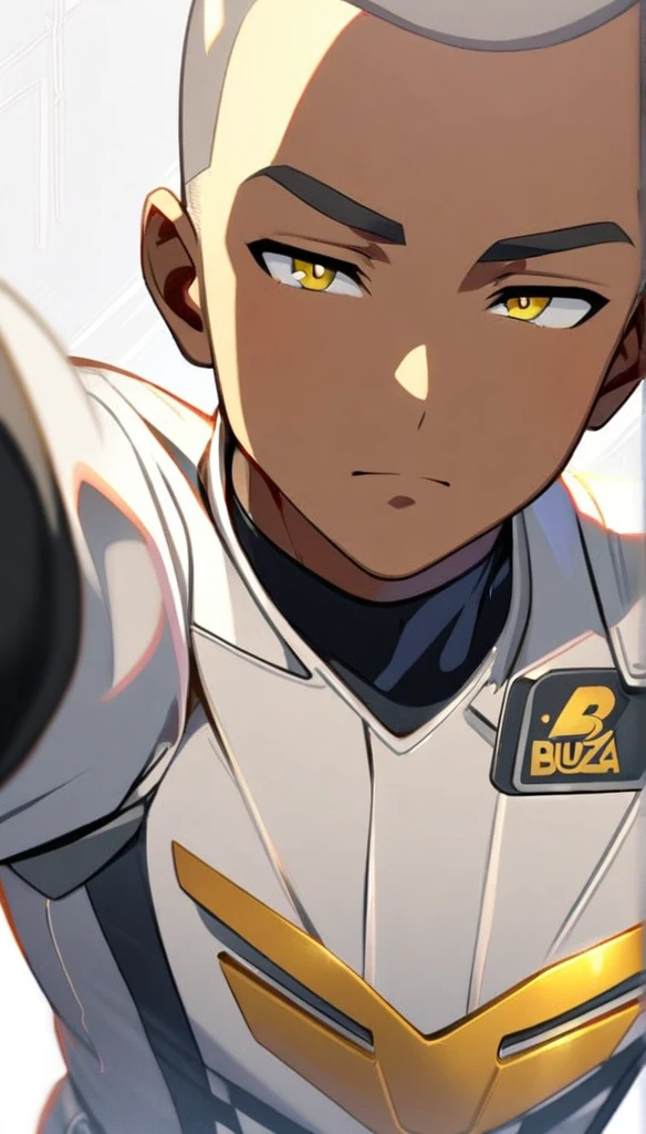 1boy,short silver buzz cut,dark skin, ,white blazer with logo ,selfie,gold robotic right eye