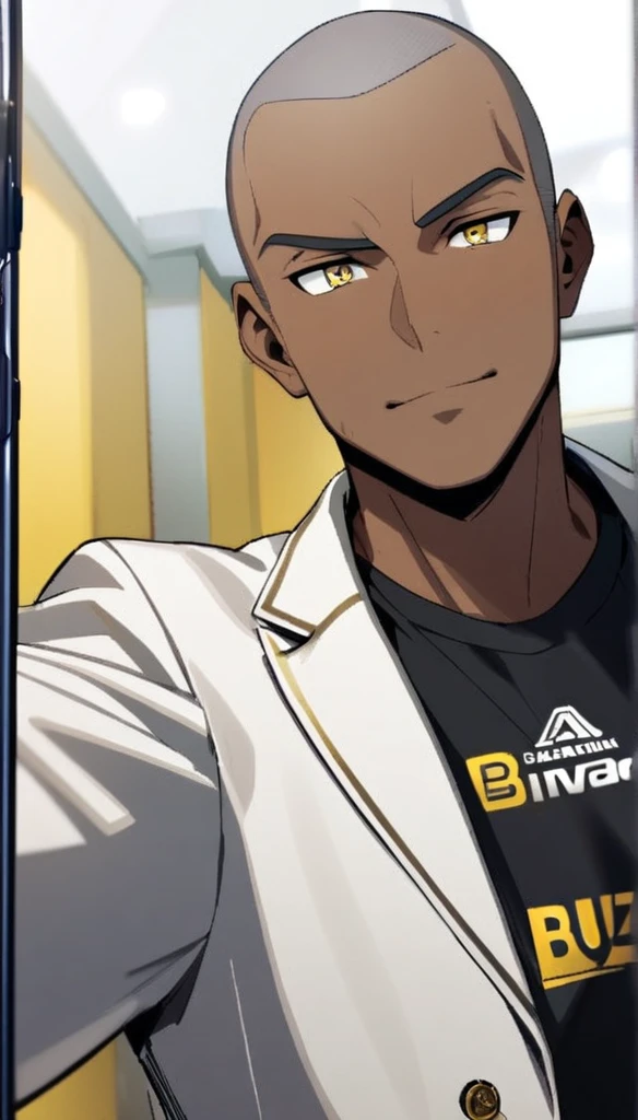 1boy,short silver buzz cut,dark skin, ,white blazer with logo ,selfie,gold robotic right eye