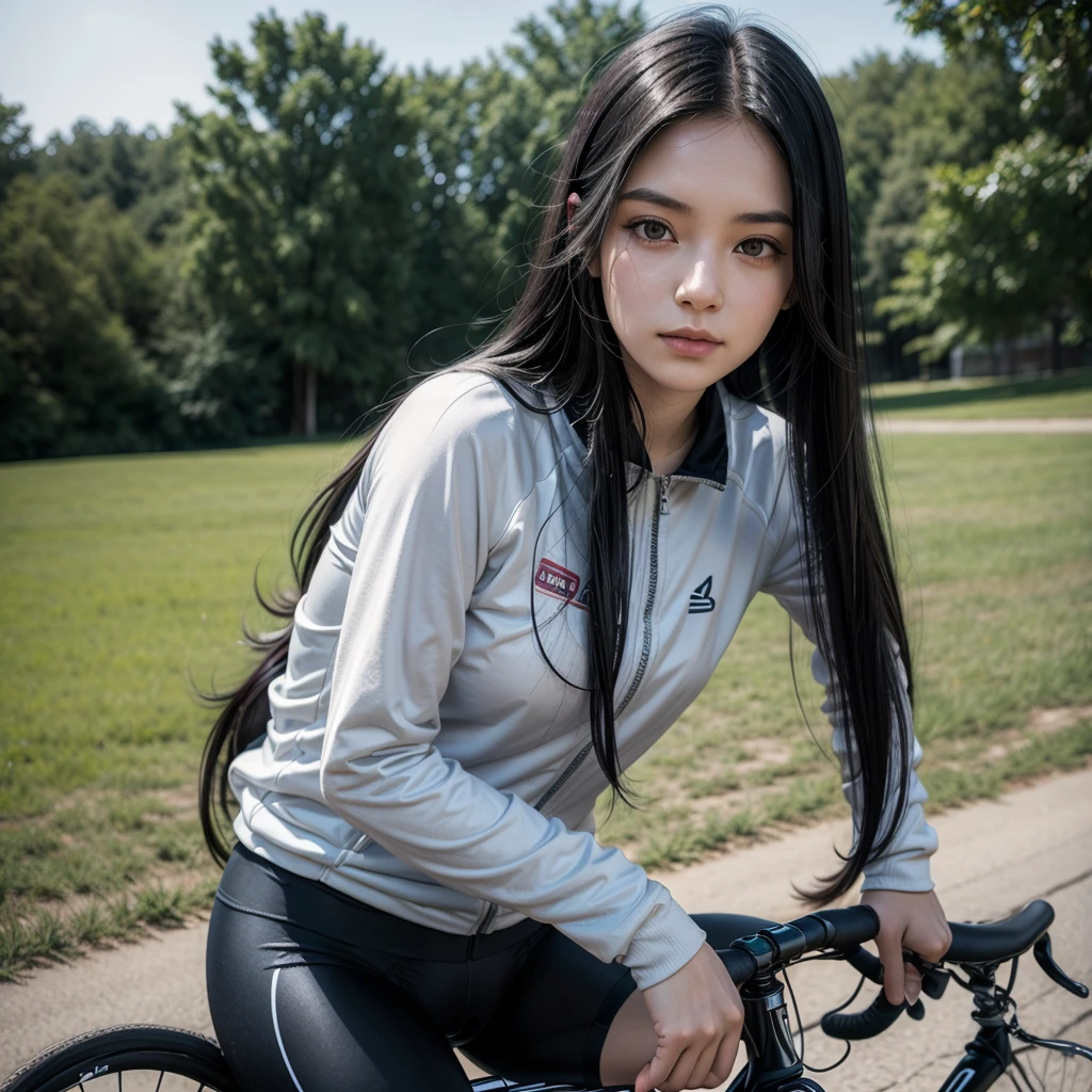 Woman with long black hair, 27 years old, wearing cycling clothes, leaning on her bike, looking at the camera.