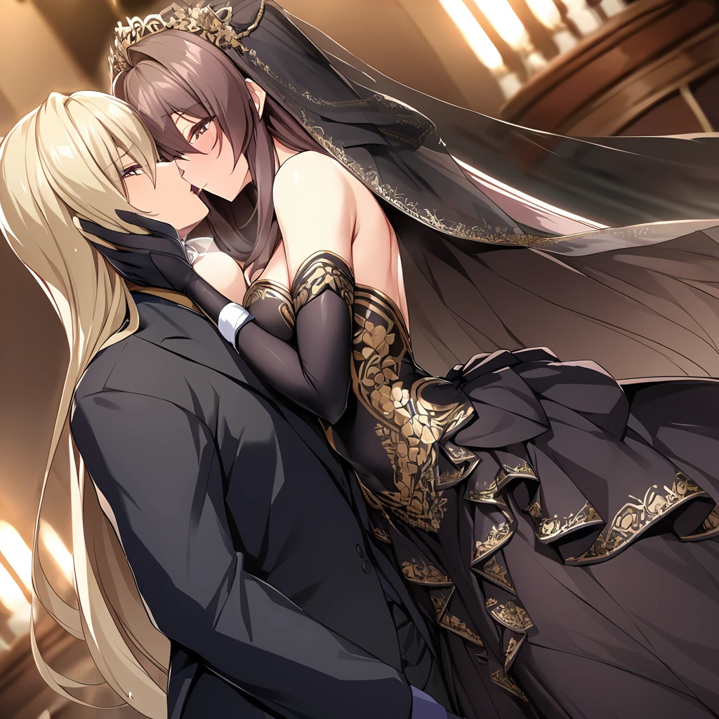 ((Highest quality)), ((masterpiece)), (detailed), (Perfect Face)、The woman is an Extia with medium-long brown hair, wearing a gorgeous black wedding dress with gold embroidery and trim, a black wedding veil, and an engagement ring.、The man is the evil leader, Naioro, a handsome man with medium-long blonde hair and a black bodysuit.、In a luxurious church belonging to an evil organization, the brunette woman, Exutia, and the handsome man, Naioro, with his medium-length blonde hair, embrace each other happily, kiss each other passionately, and are deeply in love as they hold their wedding ceremony.、A man and a woman are a deeply loving couple