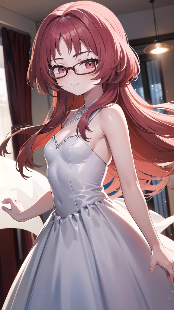 masterpiece, perfect lighting, (beautiful, best quality:1.3), perfect eyes, absurdres, 8k,
1girl, solo, (absurdres), finely detail,
ai_mie, long hair, red eyes, red hair, small breasts, smile, open eyes, red glasses (squint eyes:1.2),
dress, (wedding dress:1.2),