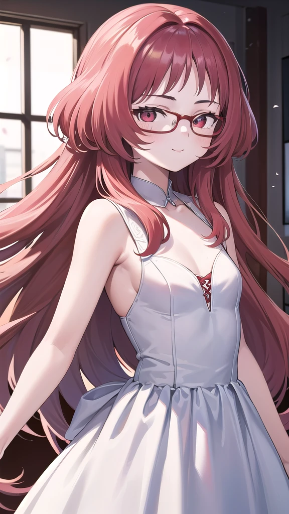 masterpiece, perfect lighting, (beautiful, best quality:1.3), perfect eyes, absurdres, 8k,
1girl, solo, (absurdres), finely detail,
ai_mie, long hair, red eyes, red hair, small breasts, smile, open eyes, red glasses (squint eyes:1.2),
dress, (wedding dress:1.2),