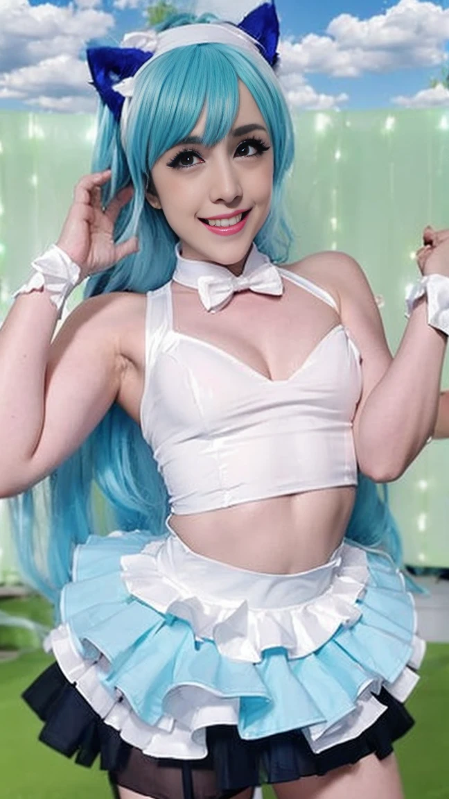 catboy_LnF_cosplay, A girl、１２talent、 magic、Anatomi、french braid、anime styling、breasts small、cute face、cute clothes、 light blue pantyhose leotard、、(((The background is clouds in pastel colors:1.5、rainbow、nblurry background)))、highest quallity、high resolution、high resolution、ilLnFinação cinematográfica、Professional photographer, whole body, raised crop top, huge boobies, (raised mini tutu:1.2), blinking, smiling
