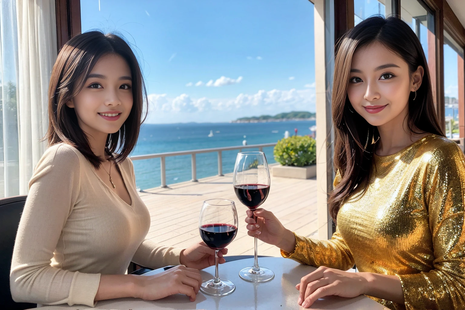 ((Highest quality、8k、masterpiece:1.3))、Shortcuts、cute、slimカップル、modelカップル、actress男優、(Realistic, Intricate details:1.2), full-course dinner、Wine Party、Amazing view of the sunset sky and clouds、A bright smile、short hair,Bright Face、 (Age 45), 42 years old, red wine 、Appetizers、Italian food、Wine bottle、Champagne、sparkling wine、Two beauties、Brown Hair、Shortcuts、Long sleeve shirt、dress、Beautiful woman 1, (slimな顔), (The body is slim), (Brown Hair), (Shortcuts), cheeks turn a little red,Attractive beauty、restaurant, In a prominent place (From the waist up) Nova Frog Style, actress, model, Upper Body, White wine, slim, wine glass, 中央に置かれたwine glass, smile, (smile: 1.15), Beautiful fine grain, Depth f/2,saturation, High Contrast, Strong light and shadow,Moist Body:1.5、3D texture、Delicate eyes、Brown Hair、The hair is very shiny、