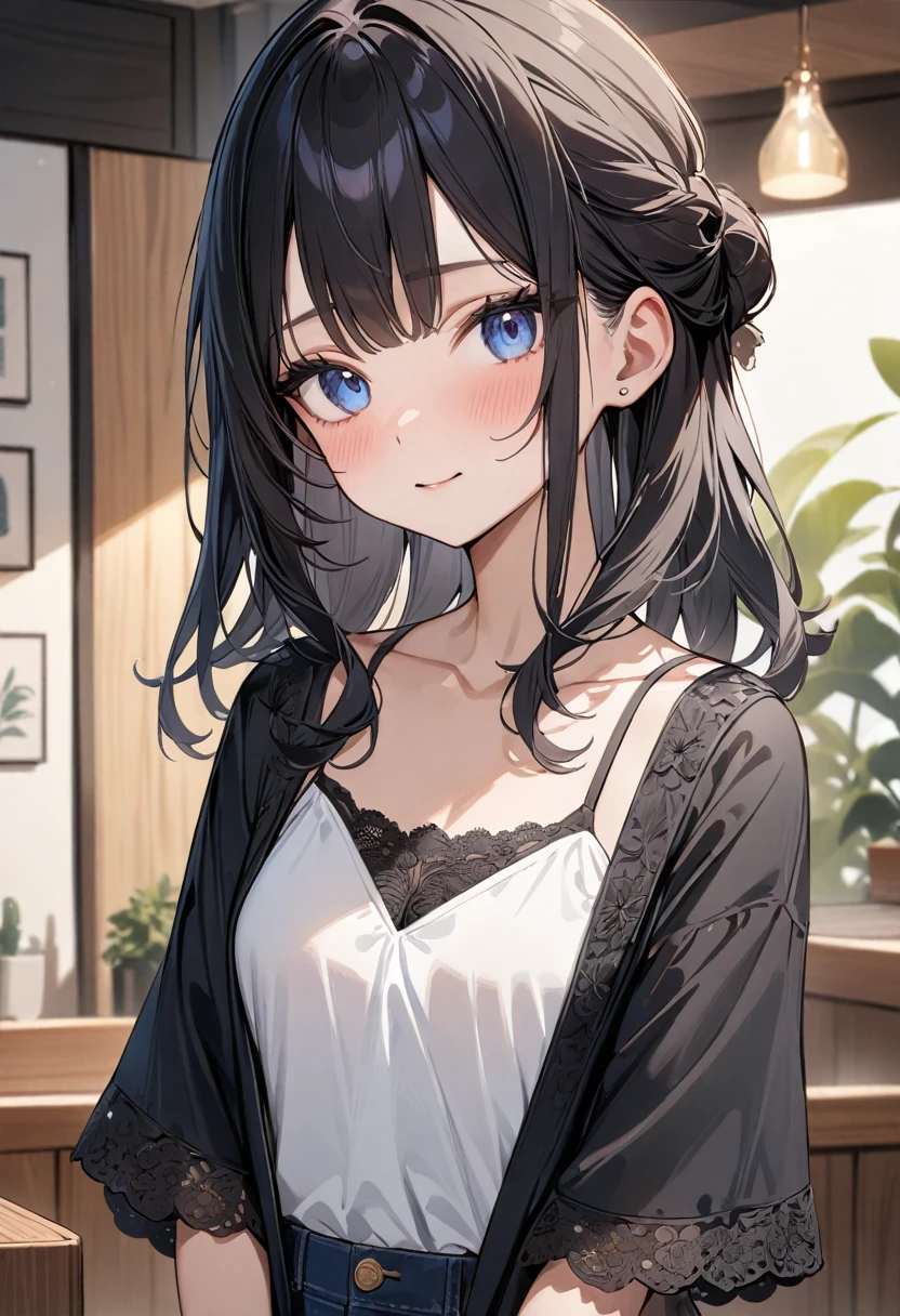 (masterpiece, top quality, very aesthetic, 4k、8ｋ、illustration), intricate detail, 1girl,Standing 、(upper body)、clear face、()、
Cute 、black hair、,middle hair,sidelock ,,blue eye、Casual clothes、small breasts、Slim 、