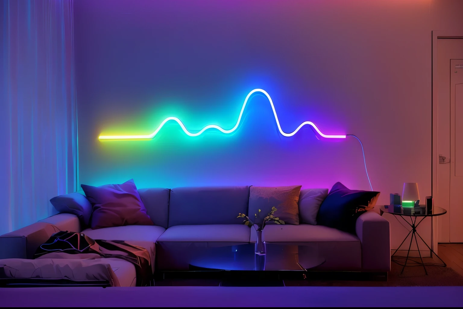 a brightly lit room with a couch and a table, neon accent lights, neon ambient lighting, artificial neon light, colorful neon lighting, colorized neon lights, cyber led neon lighting, neon lights in background, colorful neon lights, neon volumetric lights, dreamy soft neon lights, soft neon lights, glowing neon lights, neon art, neon lamp, neon ambiance