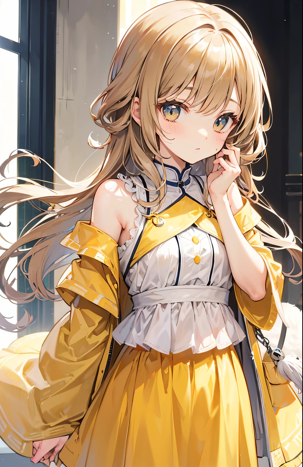 Light brown shoulder length hair,Light yellow clothes with white inner weat,Cute and adorable little wife