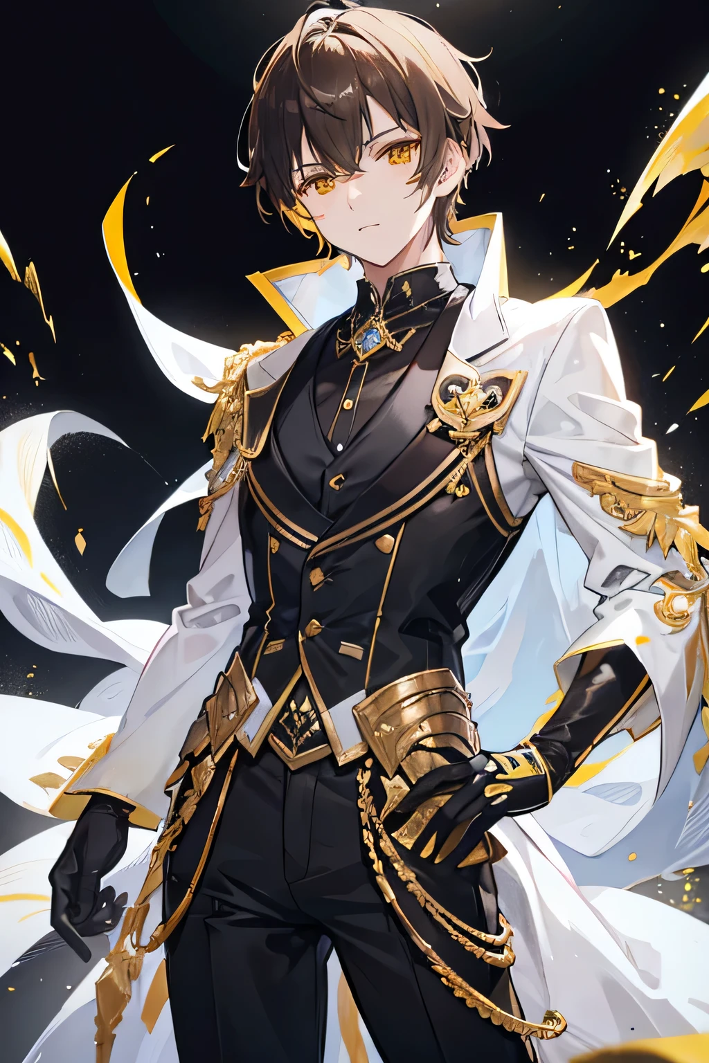 ung man, short brown hair (wolf cut style), yellow EYES, yellow iris, wearing a tuxedo, black pants, white training room, gold armor on right arm, his res, ultrasharp, 8K, masterpiece, looking at viewer, NO RED, gold gloves