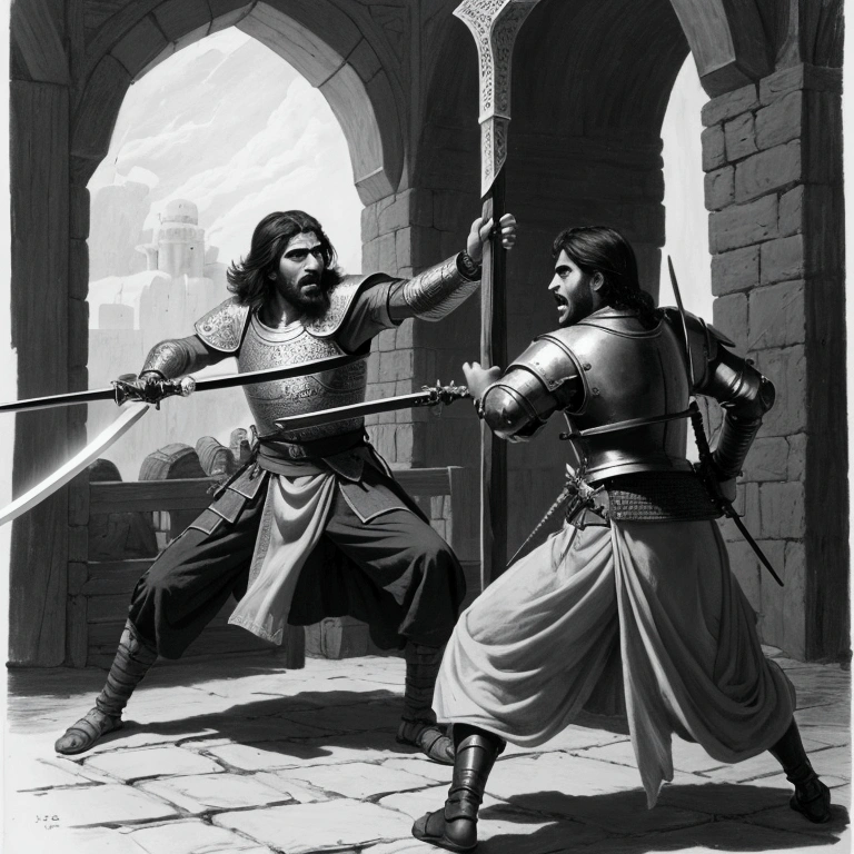 drawing, 4k, a Persian prince killing his king with his sword after mutiny, the king is trying to defend and looks shocked and shouting while the prince is looking angry, medieval period, half picture monochromatic and half colorful  ,  the king is mature and the prince is young and strong built