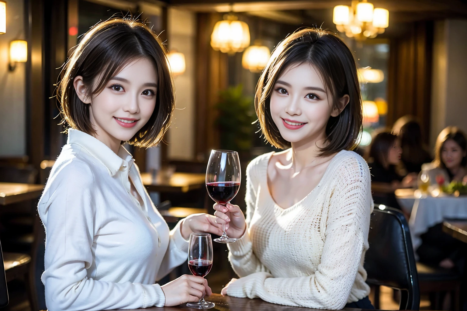 ((Highest quality、8k、masterpiece:1.3))、Shortcuts、cute、slimカップル、modelカップル、actress男優、(Realistic, Intricate details:1.2), full-course dinner、Wine Party、Amazing view of the sunset sky and clouds、A bright smile、short hair,Bright Face、45 years old), 42 years old, red wine 、Appetizers、Italian food、Wine bottle、Champagne、sparkling wine、Two beauties、Brown Hair、Shortcuts、Long sleeve shirt、dress、Beautiful woman 1, (slimな顔), (The body is slim), (Brown Hair), (Shortcuts), cheeks turn a little red,Attractive beauty、restaurant, In a prominent place (From the waist up) Nova Frog Style, actress, model, Upper Body, White wine, slim, wine glass, 中央に置かれたwine glass, smile, (smile: 1.15), Beautiful fine grain, Depth f/2,saturation, High Contrast, Strong light and shadow,Moist Body:1.5、3D texture、Delicate eyes、Brown Hair、The hair is very shiny、