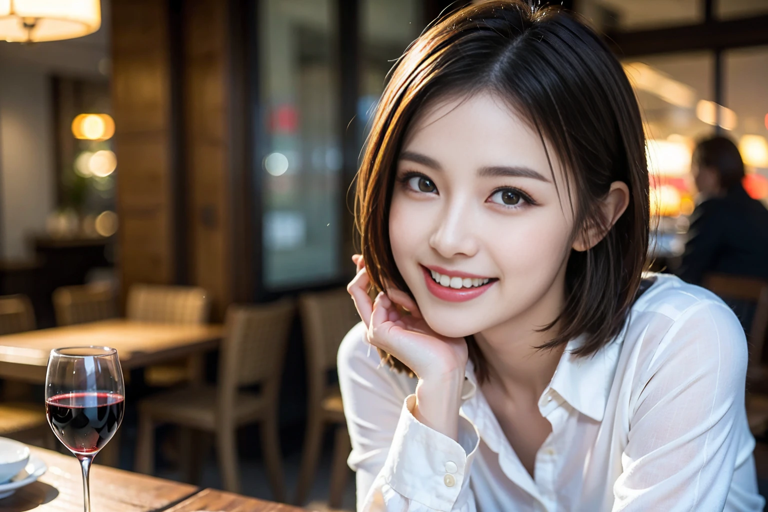 ((Highest quality、8k、masterpiece:1.3))、Shortcuts、cute、slimカップル、modelカップル、actress男優、(Realistic, Intricate details:1.2), full-course dinner、Wine Party、Amazing view of the sunset sky and clouds、A bright smile、short hair,Bright Face、45 years old), 42 years old, red wine 、Appetizers、Italian food、Wine bottle、Champagne、sparkling wine、Two beauties、Brown Hair、Shortcuts、Long sleeve shirt、dress、Beautiful woman 1, (slimな顔), (The body is slim), (Brown Hair), (Shortcuts), cheeks turn a little red,Attractive beauty、restaurant, In a prominent place (From the waist up) Nova Frog Style, actress, model, Upper Body, White wine, slim, wine glass, 中央に置かれたwine glass, smile, (smile: 1.15), Beautiful fine grain, Depth f/2,saturation, High Contrast, Strong light and shadow,Moist Body:1.5、3D texture、Delicate eyes、Brown Hair、The hair is very shiny、