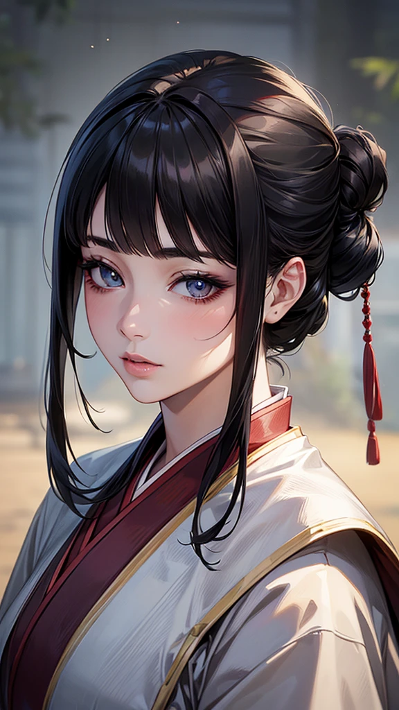 Highest quality, Ultra-high resolution, (Realistic: 1.4), beautiful Eyes, Super beautiful女性,30 years old、 beautiful, Warrior, Japanese Clothing、((Black Hair、Updo Hair))、Black Tone、Senbonzakura、beautiful Soldier, Inviting eyes, spouse&#39;Perspective, Droopy eyes、Attractive appearance, Sexy smile, Perfect Style, Perfect balance、Large Breasts、 Detailed skin, Mischievous Gaze,beautiful背景