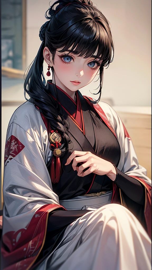 Highest quality, Ultra-high resolution, (Realistic: 1.4), beautiful Eyes, Super beautiful女性,30 years old、 beautiful, Warrior, Japanese Clothing、((Black Hair、Updo Hair))、Black Tone、Senbonzakura、beautiful Soldier, Inviting eyes, spouse'Perspective, Droopy eyes、Attractive appearance, Sexy smile, Perfect Style, Perfect balance、Large Breasts、 Detailed skin, Mischievous Gaze,beautiful背景