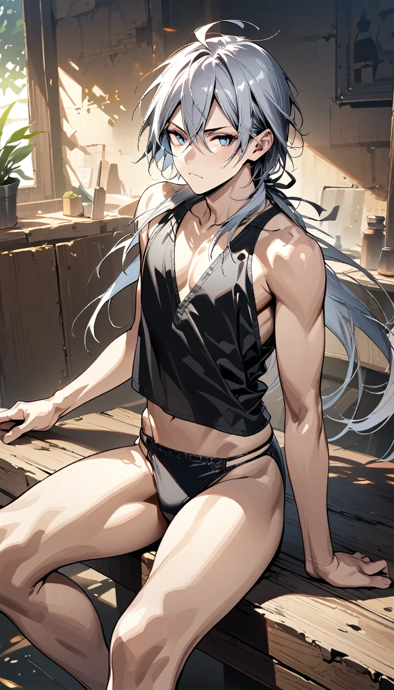 absurdres, highres, ultra detailed, super fine illustration, best quality, 1boy, perfect anatomy, male focus, solo, (dark-skinned:0.8) male, silver hair, long hair, black bikini, bare shoulders, bare arms, bare legs, <lora:_L2090:-0.6> <lora:flat:-0.2>