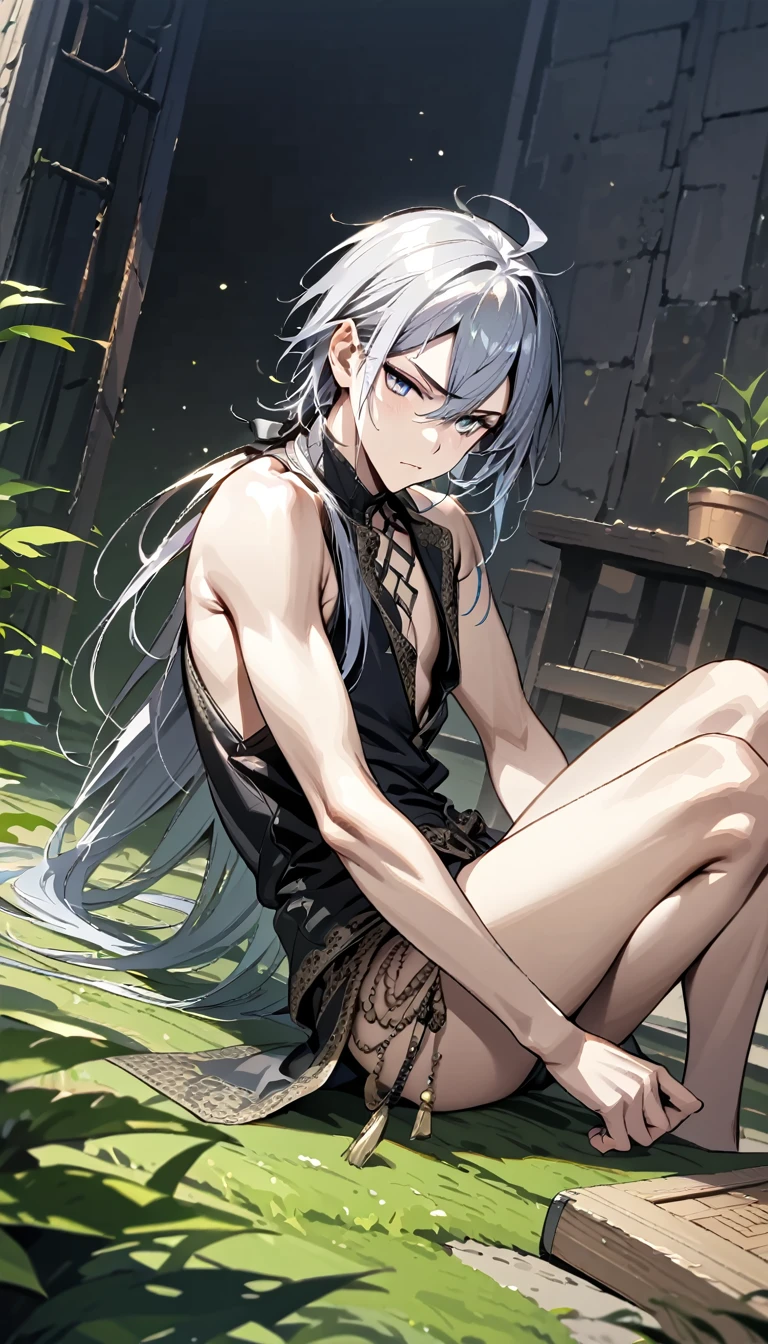 absurdres, highres, ultra detailed, super fine illustration, best quality, 1boy, perfect anatomy, male focus, solo, (dark-skinned:0.8) male, silver hair, long hair, black bikini, bare shoulders, bare arms, bare legs, &lt;lora:_L2090:-0.6&gt; &lt;lora:flat:-0.2&gt;