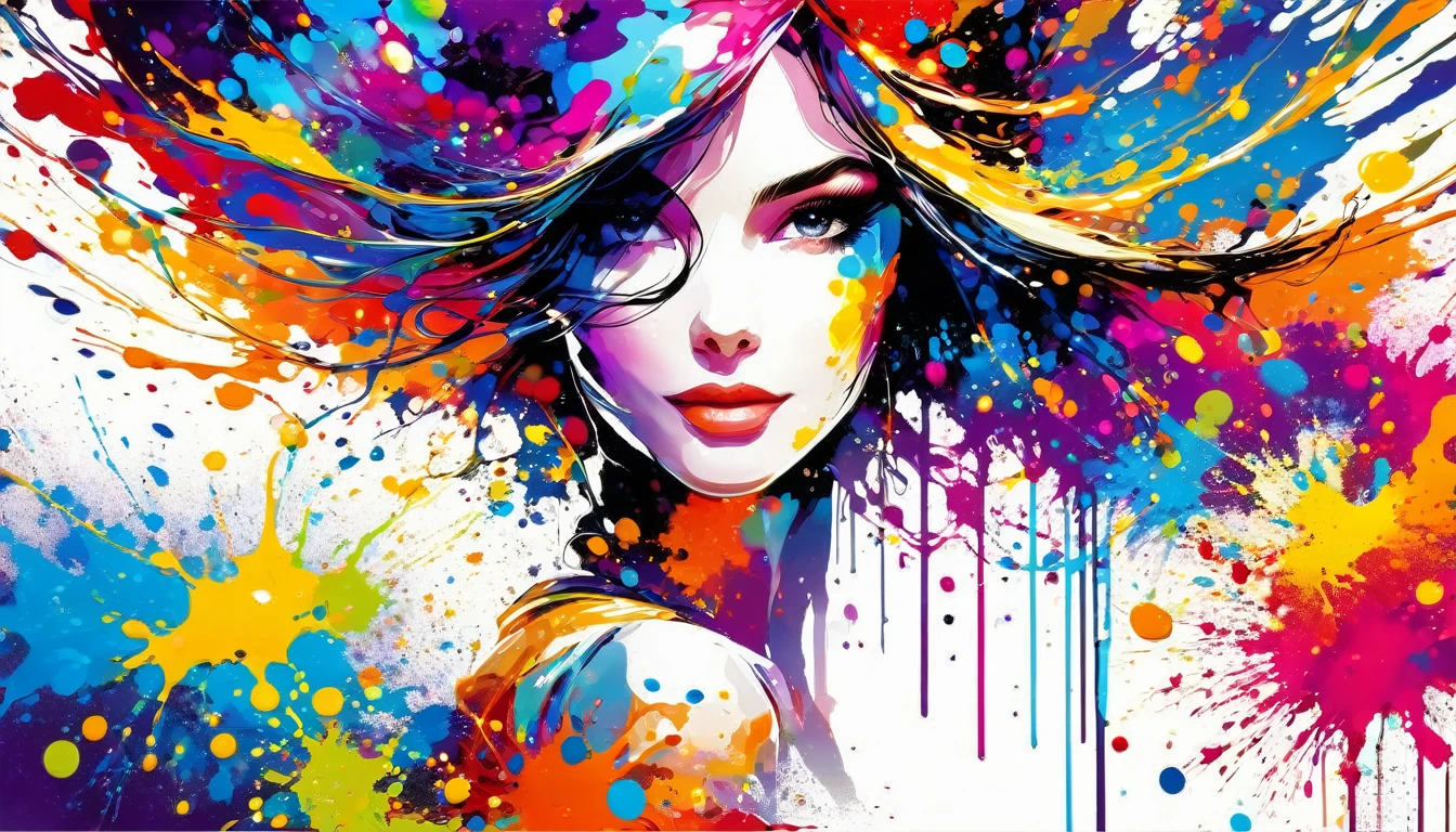 masterpiece, Splash Art, Rich and colorful, Rich and colorful Splash Art, Drop、Splattered Paint Painting, magician, beautiful girl,Stylized abstract portrait of beautiful girl