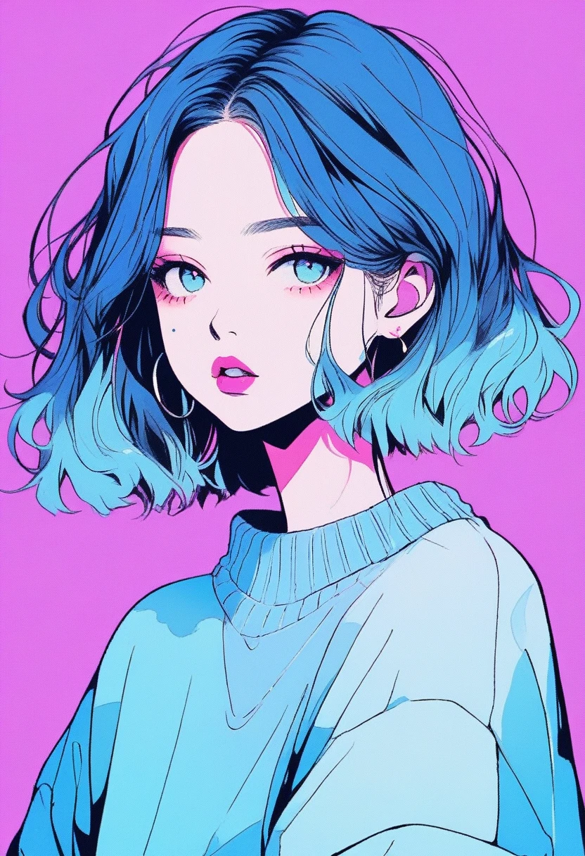 ilustrador, Japanese cartoons , Practical ,sketch , 1 girl, ,Lips, sweater,Order, Blue gradient background, Neon hair,Texture decoration, Canada, (masterpiece,best quality) glycerin